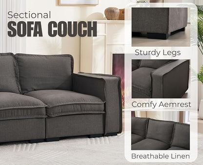 EALSON 93 Inch Modular Sectional Sofa Modern Comfy 3-Seater Couch Sofa Linen Fabric Upholstered Cloud Couches with 24" Deep Seat and Wooden Legs for Bedroom/Living Room/Office, Grey