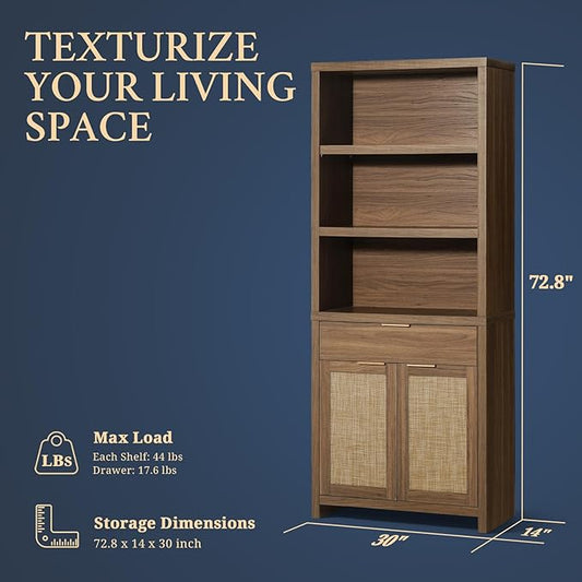 Hampstead Bookcase, Rattan Bookcase with Doors Cabinet and Drawer, 5-Tier Bookshelf, Large Wooden Book Case, Tall Bookshelves for Library Living Room (Special Walnut, 2 Pieces)