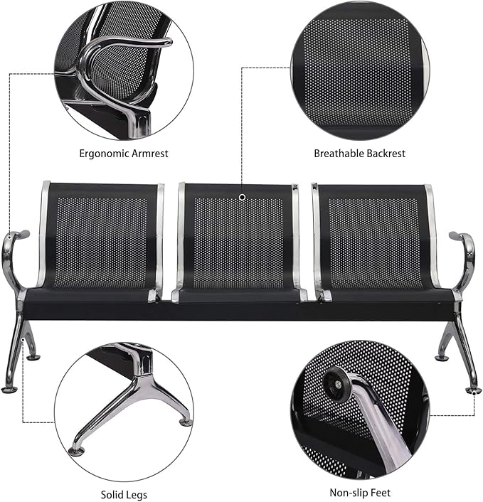 Kinsuite Waiting Room Chair - 3-Seat Airport Reception Lobby Office Bench, Black