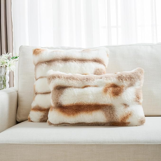 FUTEI Brown White Decorative Throw Pillow Covers 24x24 Inch Set of 2,Soft Fuzzy Faux Rabbit Fur European Cushion Covers with Raised Texture,Neutral Boho Home Decor for Couch Bed Living Room