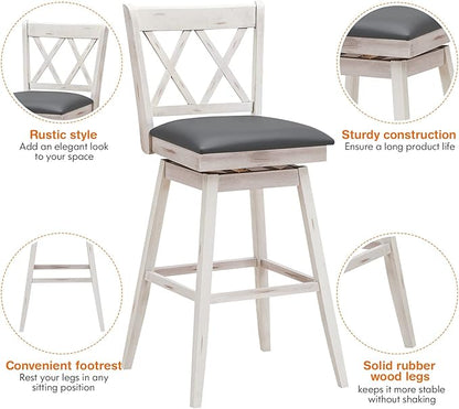 COSTWAY Bar Stool Set of 4, 360 ° Swivel Bar Height 29.5 inch Bar Stool with Foot Rest Upholstered Cushion & Ergonomic Backrest, Sturdy Frame, for Pub, Restaurant, Home (4, Antique White + Grey)