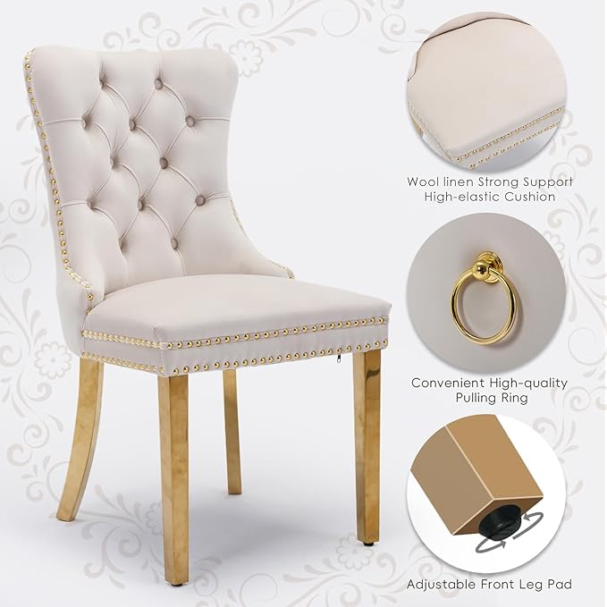 Velvet Upholstered Dining Chairs Set of 6, Modern Style Kitchen Side Chairs with Nailhead Trim and Gold Plated Leg, Metal Pulling Ring for Dining Room Living Room(Beige-Gold Plated Leg)
