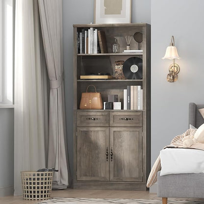 72'' Tall Bookcase with Doors and Drawers, Adjustable Shelves, P2 MDF Construction, 32'' Wide Freestanding Cabinet with Metal Handles, Hidden Storage for Living Room, Bedroom, Grey