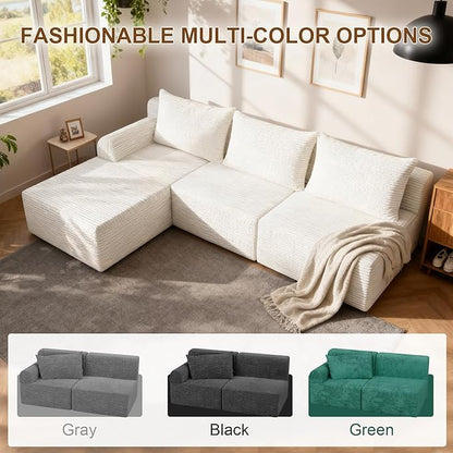 JSLOVE Modular L-Shape Sectional Sofa with Chaise, 3 Seat Movable Boneless Cloud Couch in One Box, Sofa Couch Bed with Ultra-Soft Corduroy Fabric, No Assembly Required for Living Room, Bedroom(Beige)