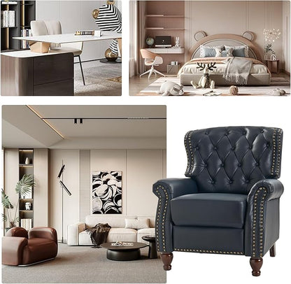 HULALA HOME Genuine Leather Recliner Chair with Solid Wood Feet, Modern Adjustable Tufted Push Back Arm Chair w/Rivet Decoration, Home Theater Seating Single Reclining Sofa for Living Room, Navy