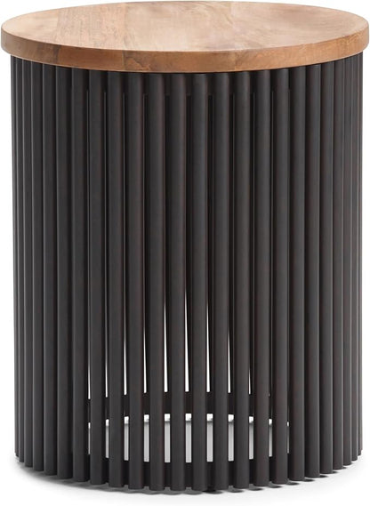 SIMPLIHOME Demy Metal and Wood Accent Table - 18 inch Wide Solid Metal Round End Table in Natural and Black, Industrial Side Table or Coffee Table for Living Room with Compact Design, Assembled