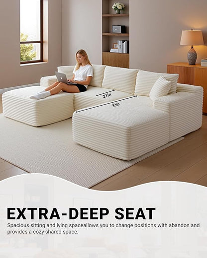 108 Inch Cloud Sectional Couch,Modern Modular Sectional Sofa with Deep Seat,Corduroy Boneless Couches with L-Shape Chaise for Living Room,No Assembly Required (Beige, Right Facing Chaise + Ottoman)