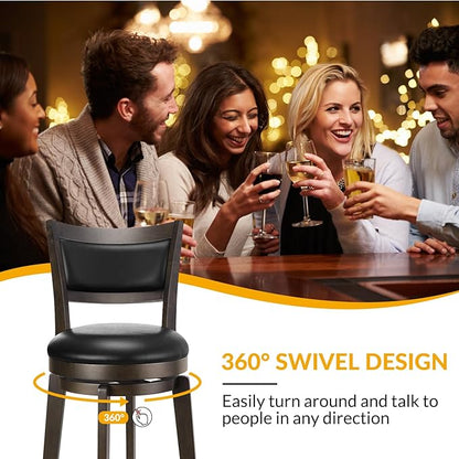 PrimeZone Swivel Bar Stools Set of 6, 24 Inch Counter Height Barstools, Black Faux Leather Bar Stool with High Backrest & Solid Wood Legs & Wrap-around Footrest, Counter Stools for Kitchen Island, Pub