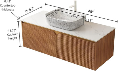 48 Inch Bathroom Vanity with Sink, Floating Fluted Vanity with Vessel Sink, Modern Wall Mounted Bathroom Vanity Cabinet with 2 Doors, Oval Marble Vessel Ceramic Sink & Sintered Stone Top, Oak