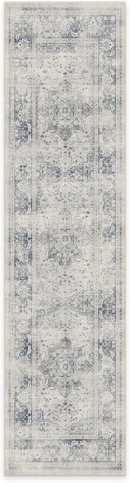 RUGGABLE Washable Vintage Runner Rug – Sarrah Blue Quartz 2.5x10, Stain-Resistant, Non-Slip Hallway Runner – Machine Washable Rug for Hallway, Entryway, Living Room & Kitchen–with Standard Pad
