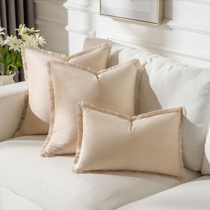 FUTEI Beige Velvet Decorative Throw Pillow Covers 16x16 Set of 2,Soft Cozy Edge with Tassels Cushion Case,Boho Modern Home Decor for Couch Bed Living Room