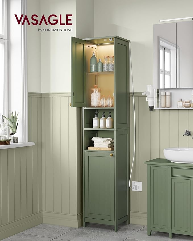 VASAGLE Tall Storage Cabinet with Lights, Slim Freestanding Cabinet with Adjustable Shelves, for Small Spaces, Bathroom, Living Room, Modern, 15.7 Inches Wide, Forest Green UBBC766C01