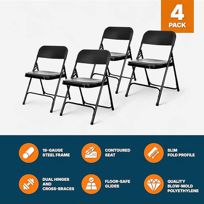 OEF Furnishings OEF800 Series Premium Heavy-Duty Plastic Folding Chairs, Lightweight, Durable Seating for Indoor and Outdoor Use, 500 lb Capacity (4-Pack, Black Plastic with Black Frame)