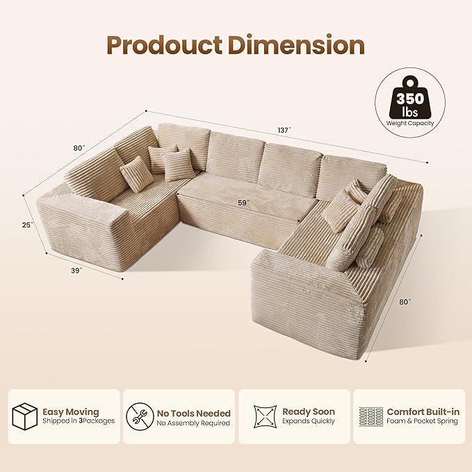 Cloud Sectional Couch with Loveseat, Boneless U-Shaped Cloud Couch with Deep Seat, Soft Plush Modern Minimalist Sofa, Assembly Free Modular Floor Sofa for Office Living Room Apartment, Beige