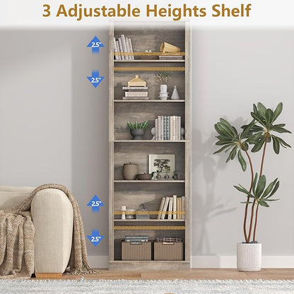 75" Tall Bookshelf & Bookcase, 6-Tier Adjustable Storage Shelves, Book Shelf with Anti-Tipping Device, Floor Standing Modern Display Rack for Living Room, Bedroom, Office, Grey