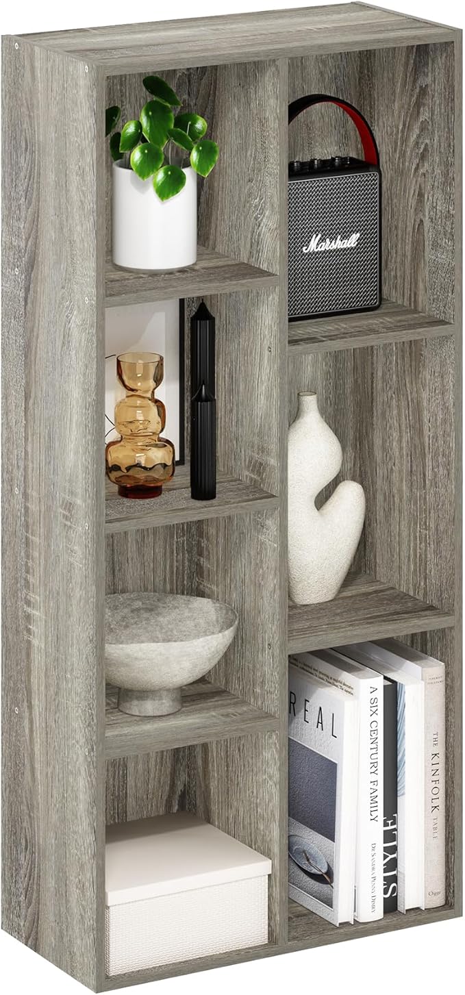 Furinno LUDER Book Shelf, 7-Cube Bookshelf, Bookcase, 9.4 x 19.5 x 41.7, for Living Room, Bedroom, Home Office, French Oak