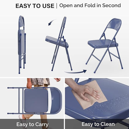 VINGLI Folding Chairs All Steel Metal Frame, Capacity 350 lbs, Durable Portable and Versatile for Indoor Outdoor Use, Darkblue, Set of 8