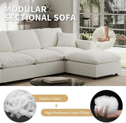 Linen Sleeper Sofa Bed,Modern Sectional Sofa Couch for Living Room,95.4 Inch Cloud Couches Cushion Covers Removable,Cozy Feather Down Sofa for Apartment Cream White