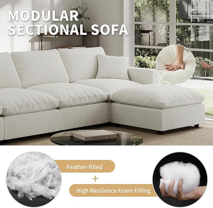 Modern Sectional Linen Couch for Living Room V-Shape Sofas,5 Seat Modular Cloud Sofas,Couches Cushion Covers Removable,CozyFeather Down Sofa for Apartment Cream White