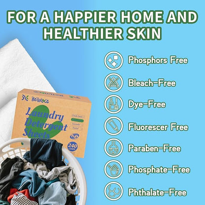 Laundry Detergent Sheets - 240 Loads Unscented Gentle on Sensitive Skin, Laundry Sheets for Dorm,College,Home, Hotel,Apartment,Camping,Cruise,Road Trip,Small space, Family School Travel Essentials