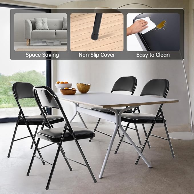 50 Pack Folding Chairs with Padded Seats, Padded Folding Chair with Steel Frame for Events Home Office, Pu Leather Folding Chair Black
