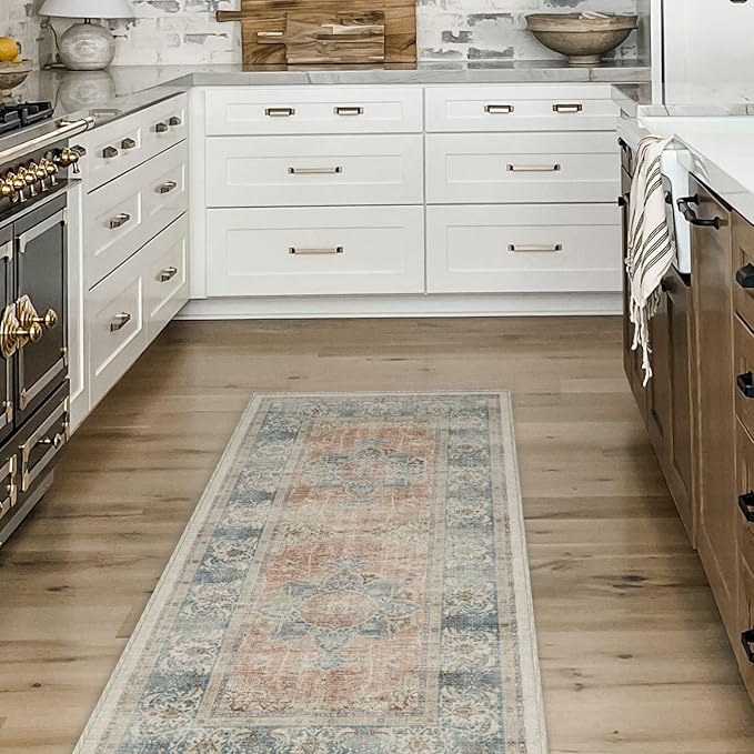 RUGGABLE Washable Vintage Area Rug – Sarrah Coral 9x12, Stain-Resistant, Non-Slip – Large Machine Washable Rugs for Living Room, Bedroom, Hallway, Entryway & Office–with Cushioned Pad