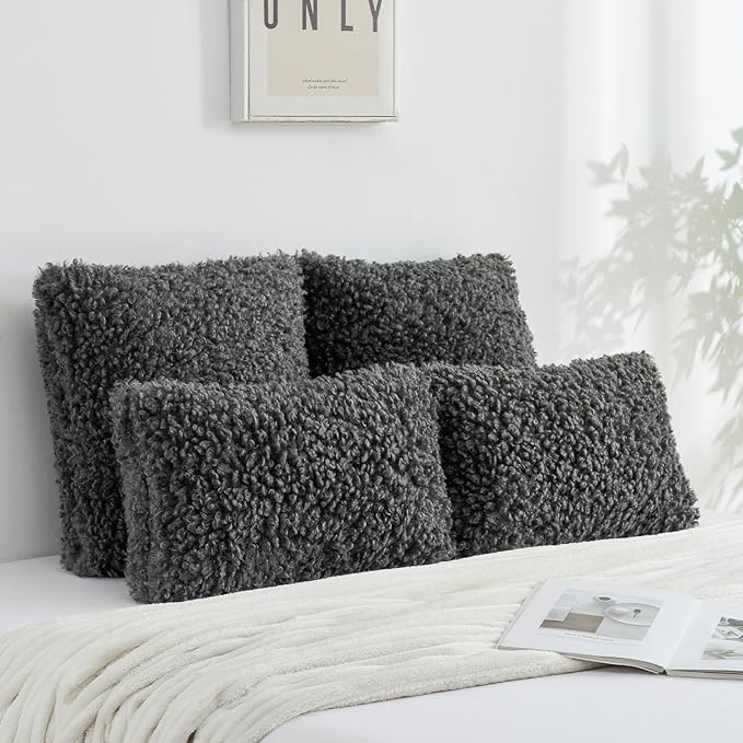 FUTEI Dark Grey Decorative Throw Pillow Covers 16x16 Inch Set of 2,Soft Fluffy Faux Wool Fur Boucle Textured Cushion Case,Modern Home Decor for Couch Bed Living Room Office