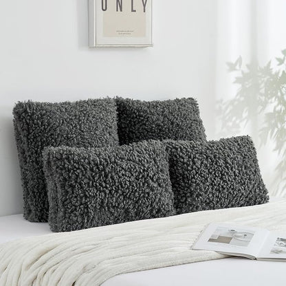 FUTEI Dark Grey Decorative Throw Pillow Covers 16x16 Inch Set of 2,Soft Fluffy Faux Wool Fur Boucle Textured Cushion Case,Modern Home Decor for Couch Bed Living Room Office