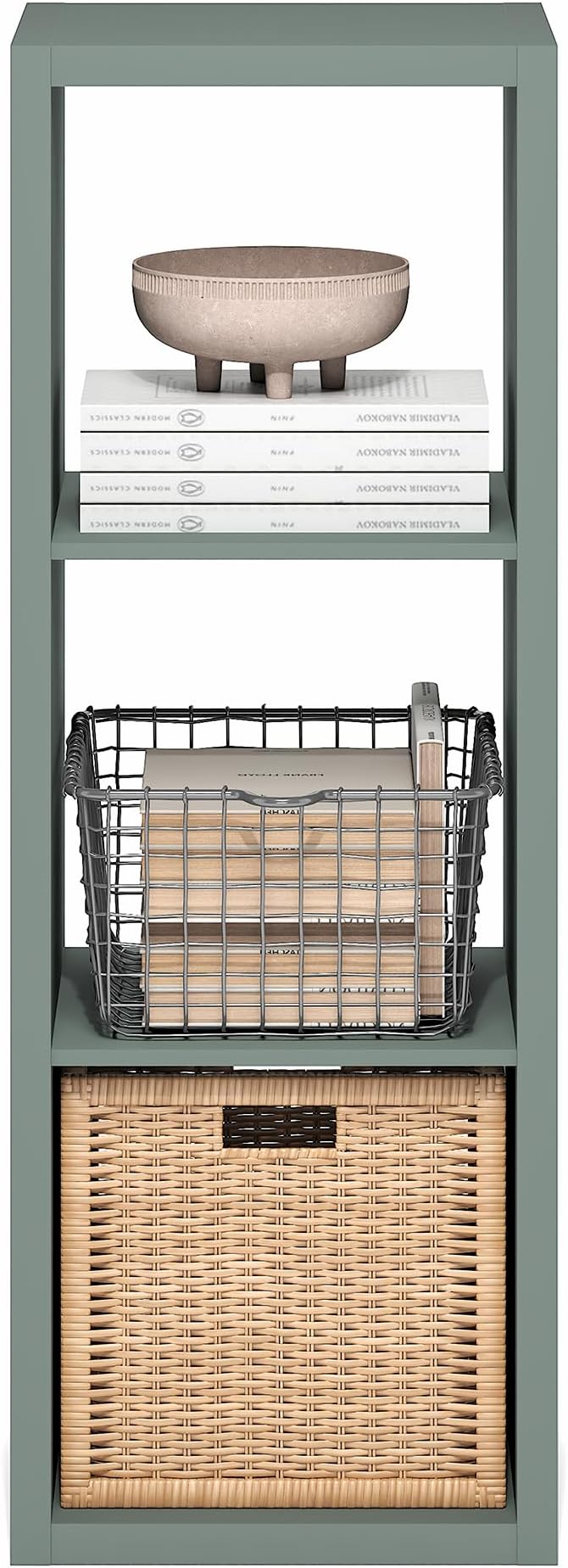 Furinno Cubicle Book Shelf, 3-Cube Thick Frame Bookshelf, Horizontally & Vertically Reversible Bookcase with Open Back, 14.6" x 15.9" x 44", for Living Room, Bedroom, Home Office, Sage Green