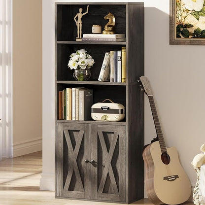 IRONCK Industrial Bookshelves and Bookcases with Doors 11.8 in Depth Floor Standing 5 Shelf Display Storage Shelves Bookcase Home Decor Furniture for Home, Office, Living Room, Bedroom