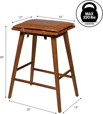 JONATHAN Y CSL2002A Peroni 26" MidCentury Classic Saddle-Seat Solid Wood/Vegan Leather Backless Counter Stool with Removeable Cushion for Pool, Deck, Poolside, Chestnut Brown