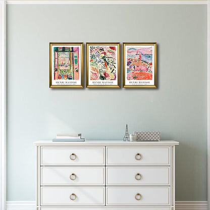 Wieco Art Framed Canvas Wall Art 3 Piece Henri Mattise Art Abstract Colorful Matisse Posters Canvas Prints for Wall and Home Office Decorations Bronze Gold Frame