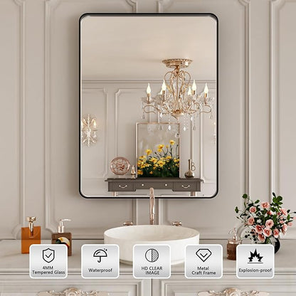 22x30 Inch Black Bathroom Mirror,Rectangle Wall Mirror for Bathroom,Round Corner Matte Black Metal Framed Mirror(Horizontal/Vertical)