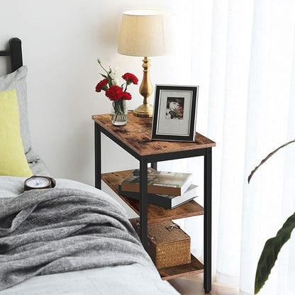 HOOBRO End Table, Simple Rustic Side Table with 3-Tier Storage Shelf, Narrow Nightstand for Small Spaces, for Living Room, Bedroom,Easy Assembly, Industrial Design, Rustic Brown and Black BF14BZ01