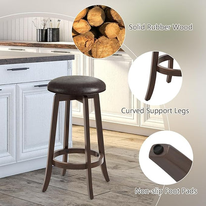 COSTWAY 29-Inch Swivel Bar Stools Set of 2, Upholstered Barstools w/PU Leather Seat & Solid Rubber Wood Legs, Mid-Century Backless Round Bar Height Stools w/Footrest for Kitchen Home Bar