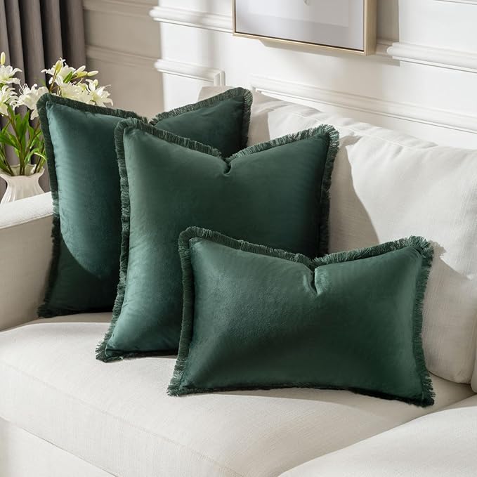 FUTEI Christmas Army Green Velvet Decorative Throw Pillow Covers 20x20 Set of 2,Soft Cozy Edge with Tassels Cushion Case,Boho Modern Home Decor for Couch Bed Living Room