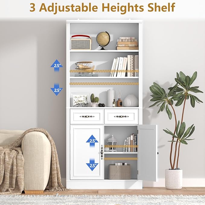 72'' Tall Bookcase with Doors and Drawers, Adjustable Shelves, P2 MDF Construction, 32'' Wide Freestanding Cabinet with Metal Handles, Hidden Storage for Living Room, Bedroom, White