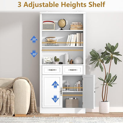 72'' Tall Bookcase with Doors and Drawers, Adjustable Shelves, P2 MDF Construction, 32'' Wide Freestanding Cabinet with Metal Handles, Hidden Storage for Living Room, Bedroom, White