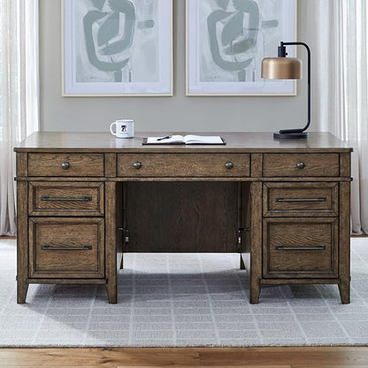 Liberty Furniture Carolina Park 5 Piece Jr Executive Set with Desk, Credenza & Hutch for Home Office- Amber Brown Oak Wood