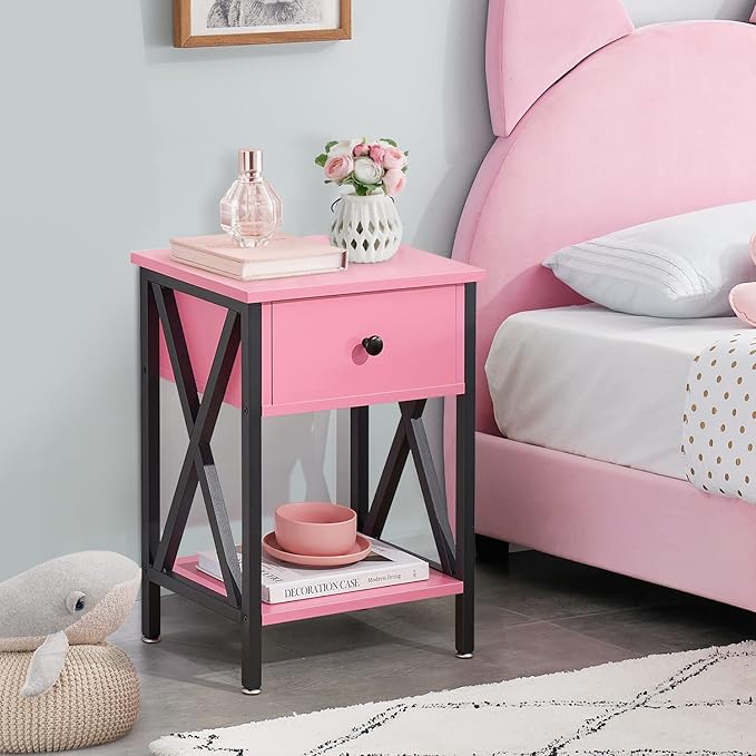 VECELO End Tables, Modern Nightstand with Drawer & Shelf, Night Stand for Bedroom Living Room,Industrial Metal Frame