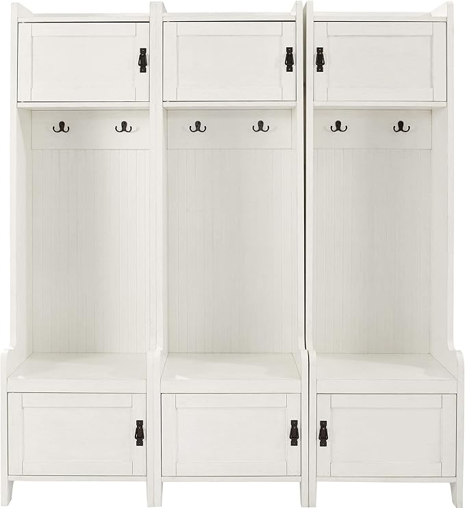 Crosley Furniture Fremont 3-Piece Hall Tree Entryway Set with Storage Cabinets and Coat Rack Hooks, Distressed White