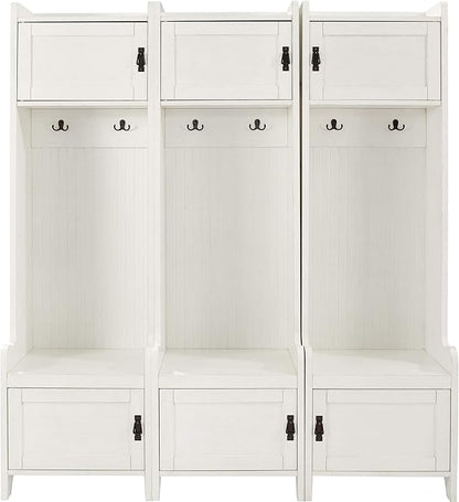 Crosley Furniture Fremont 3-Piece Hall Tree Entryway Set with Storage Cabinets and Coat Rack Hooks, Distressed White