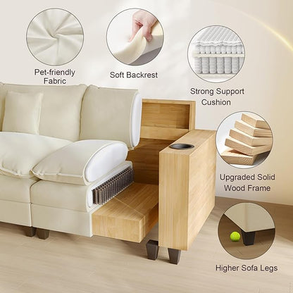 Cloud Couch, Modular Sectional Sofa with Ottoman, Charging Station, Throw Pillows, Cup Holders, Modern Convertible L Shaped Couches for Living Room, Bedroom (White, 116"- U Shape)