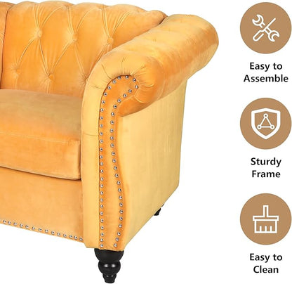 Living Room Velvet Sofa and Loveseat set, Mid Century Modern Upholstered Couch with Cushions, 2-Piece Home Sofa Furniture Sets, Comfy Tufted Chesterfield Couches for Living Room, Bedroom, Office