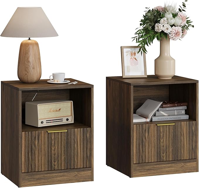 3-Piece Modern Bedroom Furniture Set, Wide 9-Drawer Dresser & 1-Drawer Nightstands Set of 2, Natural Wood Dresser and Nightstand Sets for Bedroom, Hallway, Walnut