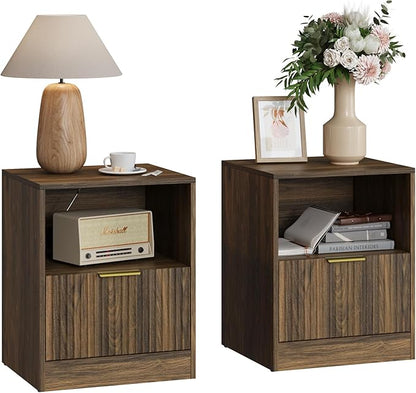 3-Piece Modern Bedroom Furniture Set, Wide 9-Drawer Dresser & 1-Drawer Nightstands Set of 2, Natural Wood Dresser and Nightstand Sets for Bedroom, Hallway, Walnut