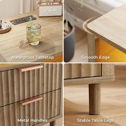 Fluted Nightstand Set of 2, 2 Drawers Storage Bedside Table with Charging Station, Wood Modern Nightstand with Open Shelf, Curved Profile Design, End Table for Indoor Room Bedroom, Oak
