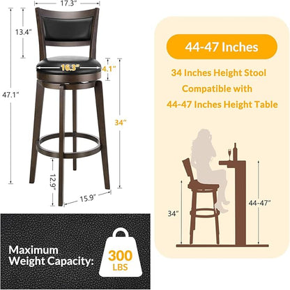 PrimeZone Swivel Bar Stools Set of 6, 34 Inch Extra Tall Bar Height Barstools, Black Faux Leather Bar Stool with High Backrest, Solid Wood Leg, Wrap-Around Footrest, Counter Stools for Pub