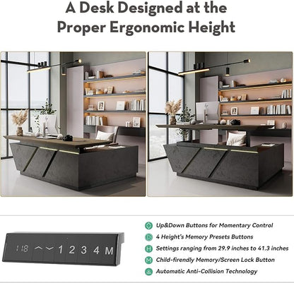 86.6" Adjustable Height L-Shaped Executive Desk with LED Light Strip - Black Inverted Trapezoid Design, Includes Storage Cabinet with Drawers & Doors, Ergonomic Standing Office Desk for Home & Office