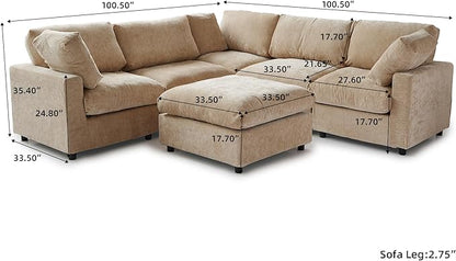 WJShome Cloud Couch Modular Sectional Sofa,100.5" V Shaped Couch, Convertible Wide Seater with Ottoman, 6 Seater for Living Room Set,Covers Washable&Replaceable,Khkai